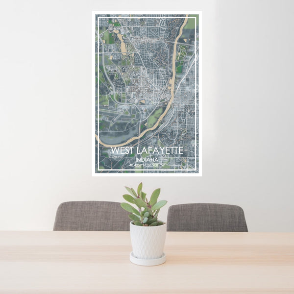 24x36 West Lafayette Indiana Map Print Portrait Orientation in Afternoon Style Behind 2 Chairs Table and Potted Plant