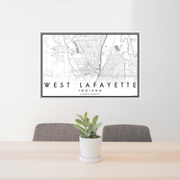 24x36 West Lafayette Indiana Map Print Lanscape Orientation in Classic Style Behind 2 Chairs Table and Potted Plant