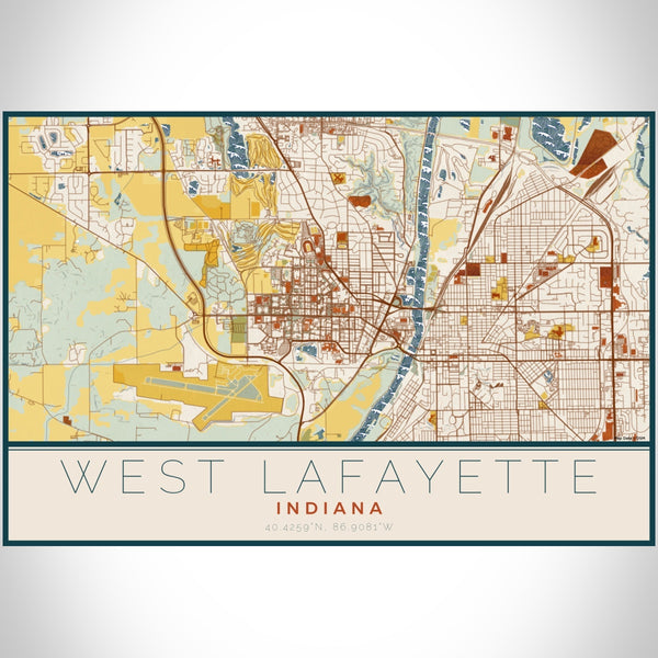 West Lafayette Indiana Map Print Landscape Orientation in Woodblock Style With Shaded Background