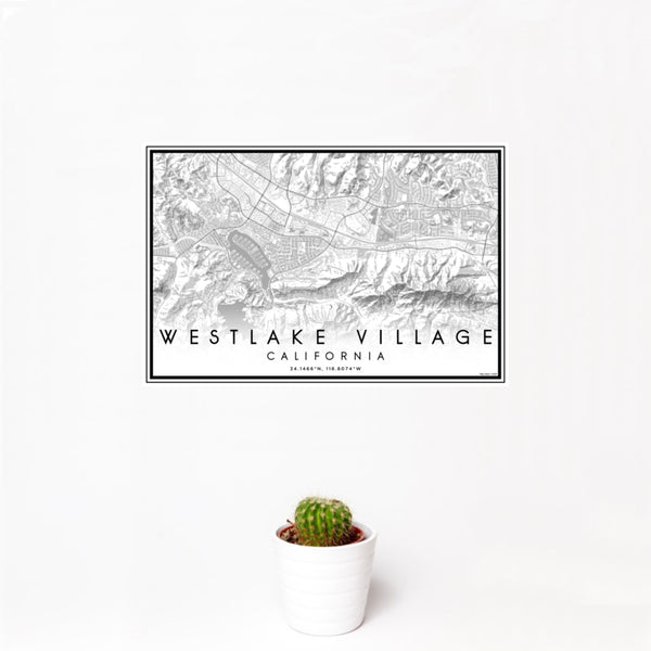 12x18 Westlake Village California Map Print Landscape Orientation in Classic Style With Small Cactus Plant in White Planter