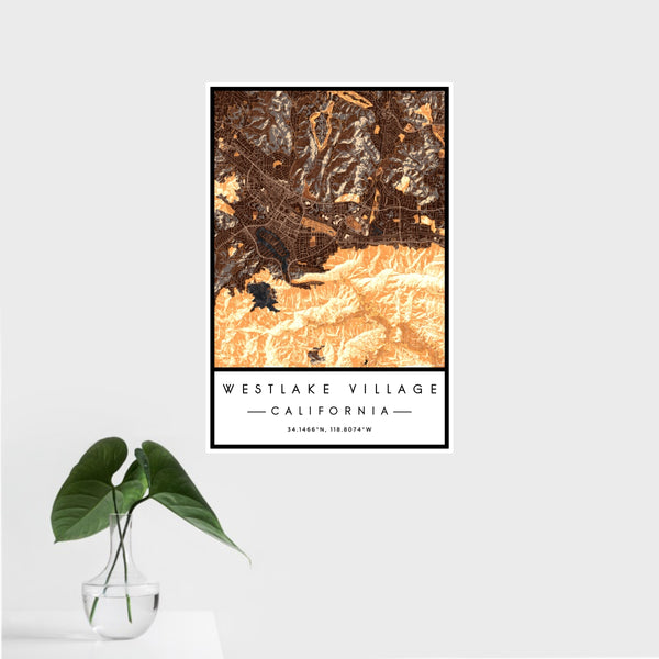 16x24 Westlake Village California Map Print Portrait Orientation in Ember Style With Tropical Plant Leaves in Water
