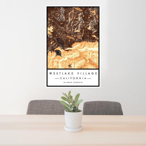 24x36 Westlake Village California Map Print Portrait Orientation in Ember Style Behind 2 Chairs Table and Potted Plant