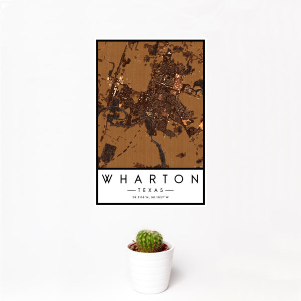 12x18 Wharton Texas Map Print Portrait Orientation in Ember Style With Small Cactus Plant in White Planter