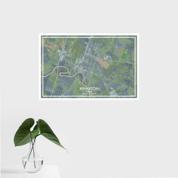 16x24 Wharton Texas Map Print Landscape Orientation in Afternoon Style With Tropical Plant Leaves in Water