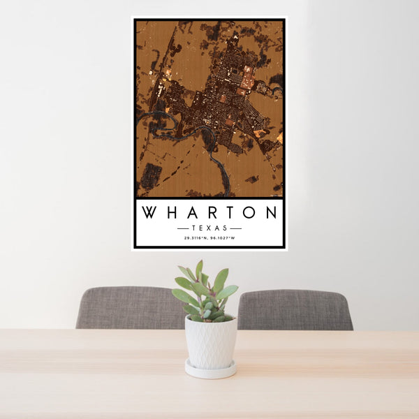24x36 Wharton Texas Map Print Portrait Orientation in Ember Style Behind 2 Chairs Table and Potted Plant