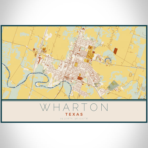 Wharton Texas Map Print Landscape Orientation in Woodblock Style With Shaded Background