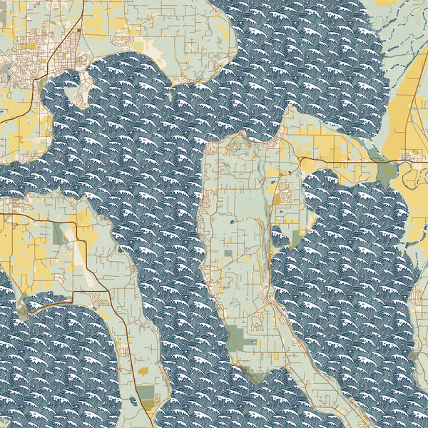 Whidbey Island - Washington Map Print in Woodblock