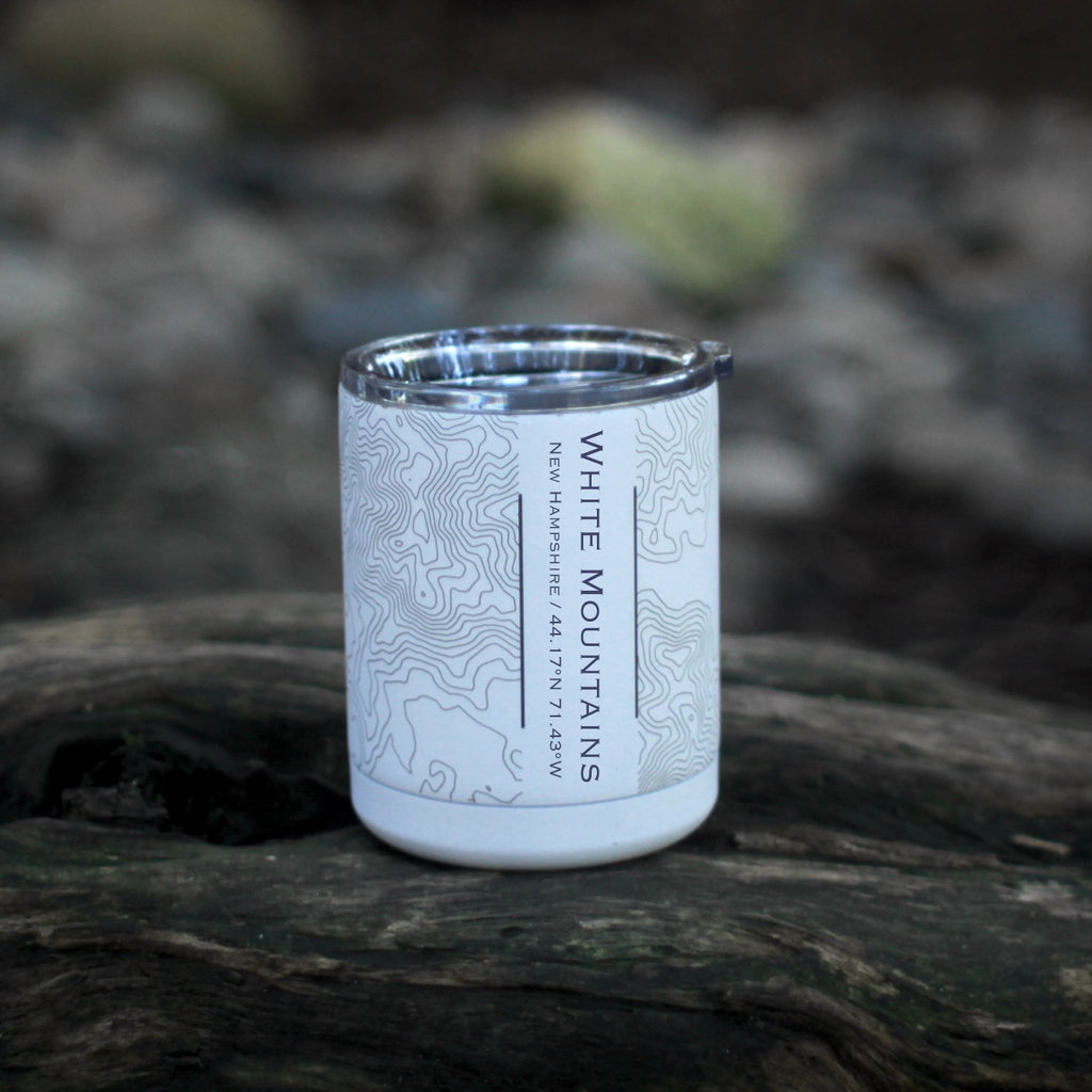 White Mountains New Hampshire Custom Engraved City Map Inscription Coordinates on 10oz Stainless Steel Insulated Cup with Sliding Lid in White