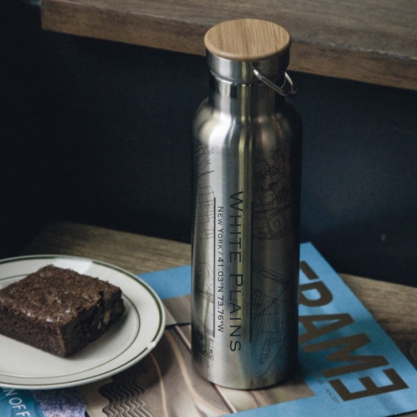 White Plains New York Custom Engraved City Map Inscription Coordinates on 20oz Stainless Steel Insulated Bottle with Bamboo Top