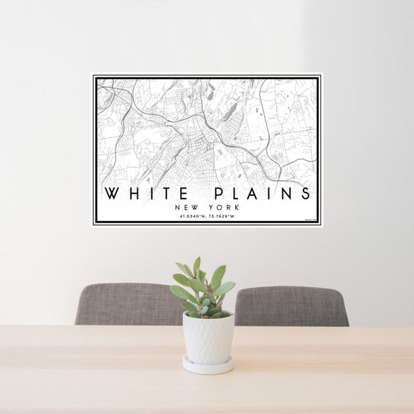 24x36 White Plains New York Map Print Landscape Orientation in Classic Style Behind 2 Chairs Table and Potted Plant