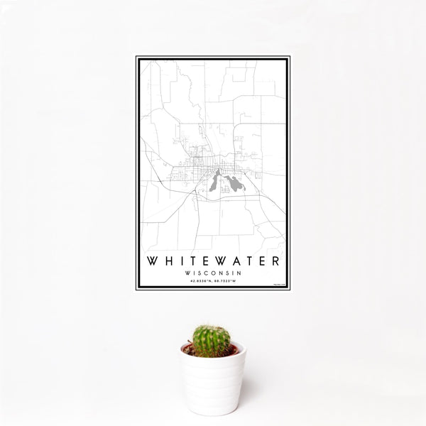 12x18 Whitewater Wisconsin Map Print Portrait Orientation in Classic Style With Small Cactus Plant in White Planter