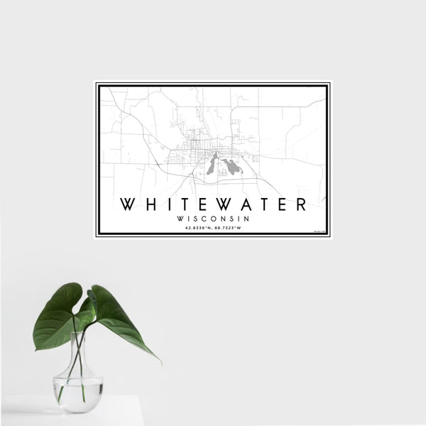 16x24 Whitewater Wisconsin Map Print Landscape Orientation in Classic Style With Tropical Plant Leaves in Water