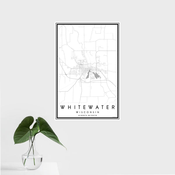 16x24 Whitewater Wisconsin Map Print Portrait Orientation in Classic Style With Tropical Plant Leaves in Water