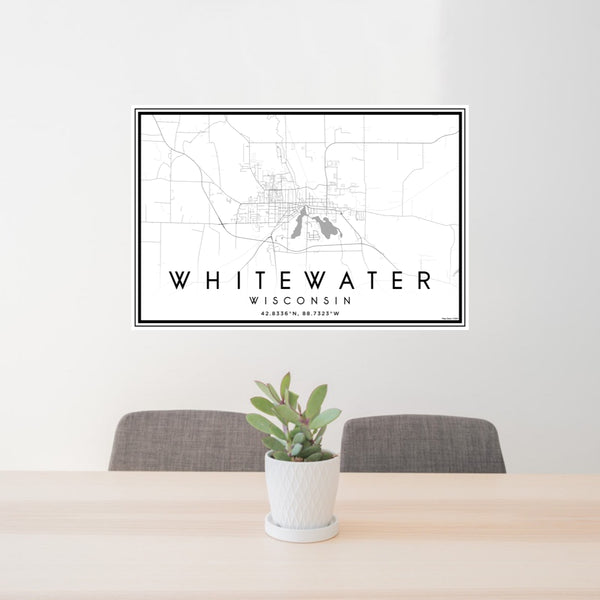 24x36 Whitewater Wisconsin Map Print Lanscape Orientation in Classic Style Behind 2 Chairs Table and Potted Plant