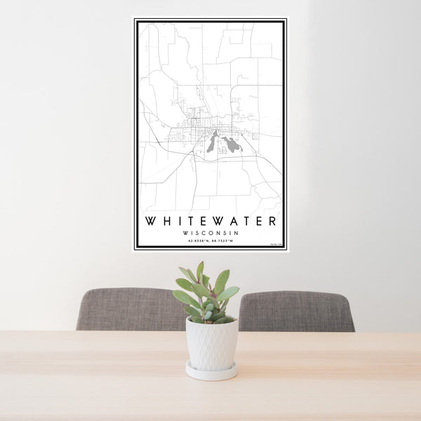 24x36 Whitewater Wisconsin Map Print Portrait Orientation in Classic Style Behind 2 Chairs Table and Potted Plant