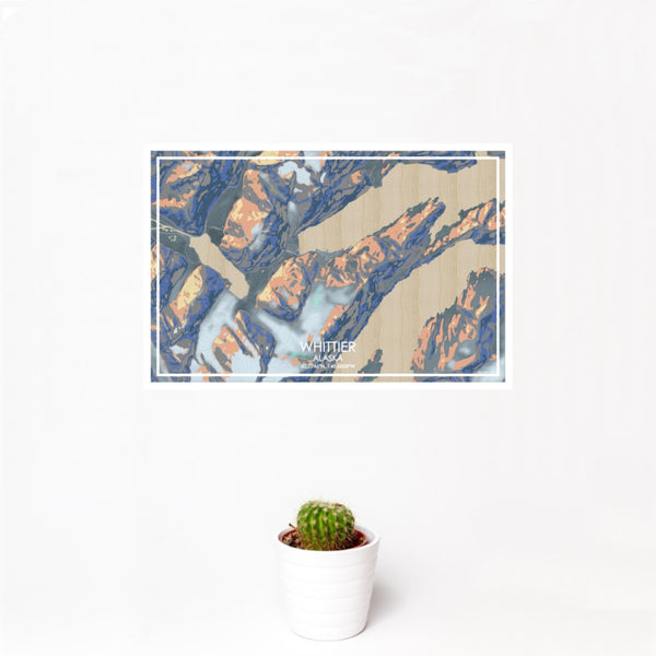 12x18 Whittier Alaska Map Print Landscape Orientation in Afternoon Style With Small Cactus Plant in White Planter