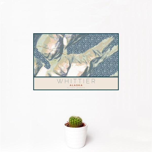 12x18 Whittier Alaska Map Print Landscape Orientation in Woodblock Style With Small Cactus Plant in White Planter