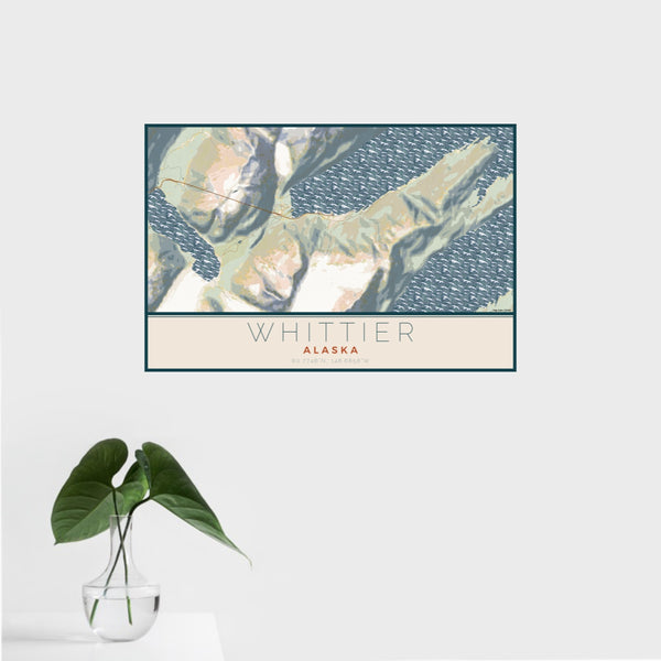 16x24 Whittier Alaska Map Print Landscape Orientation in Woodblock Style With Tropical Plant Leaves in Water
