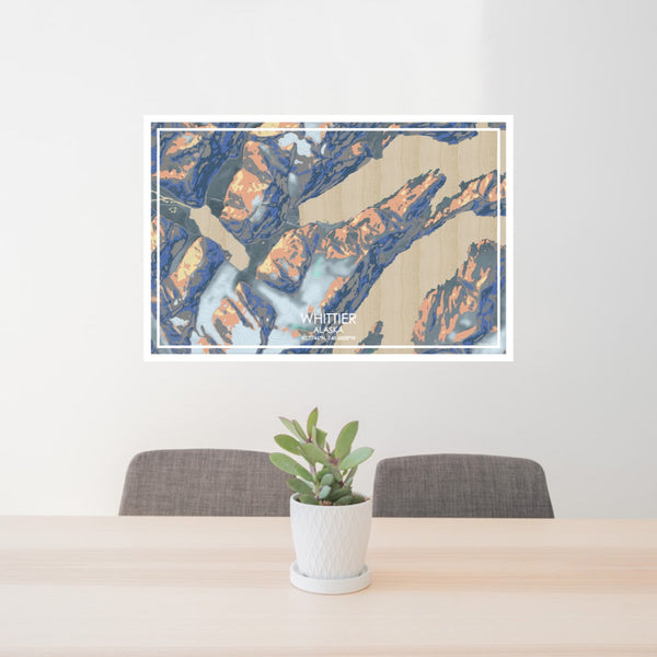 24x36 Whittier Alaska Map Print Lanscape Orientation in Afternoon Style Behind 2 Chairs Table and Potted Plant