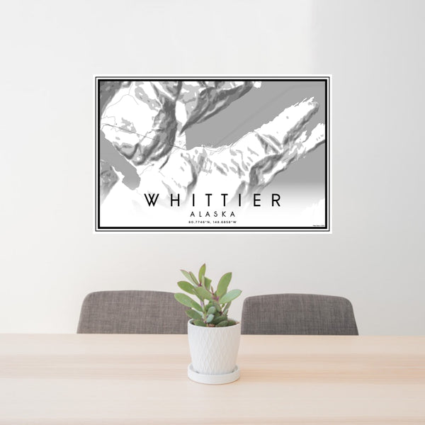 24x36 Whittier Alaska Map Print Lanscape Orientation in Classic Style Behind 2 Chairs Table and Potted Plant