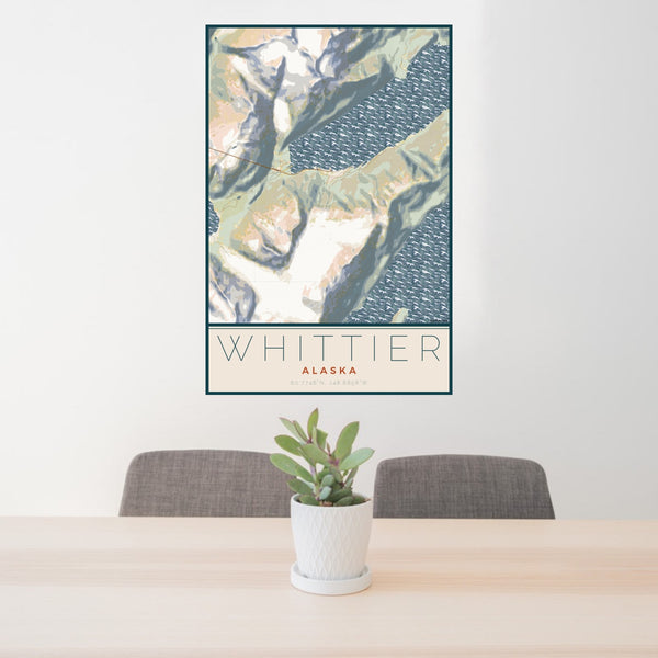 24x36 Whittier Alaska Map Print Portrait Orientation in Woodblock Style Behind 2 Chairs Table and Potted Plant