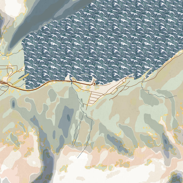 Whittier Alaska Map Print in Woodblock Style Zoomed In Close Up Showing Details