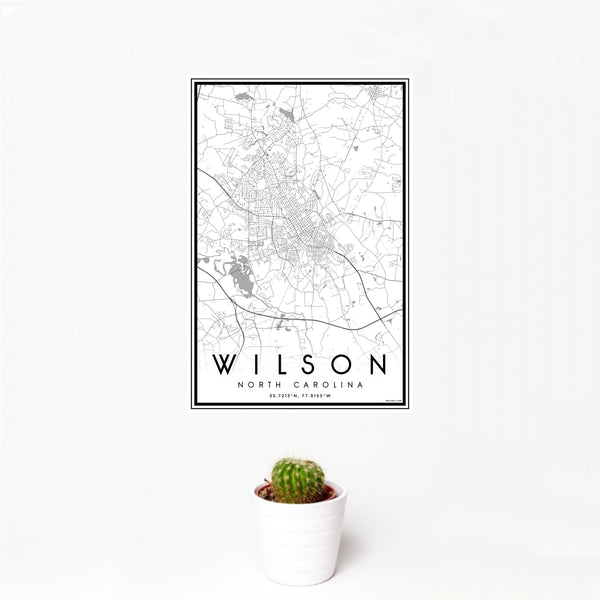 12x18 Wilson North Carolina Map Print Portrait Orientation in Classic Style With Small Cactus Plant in White Planter