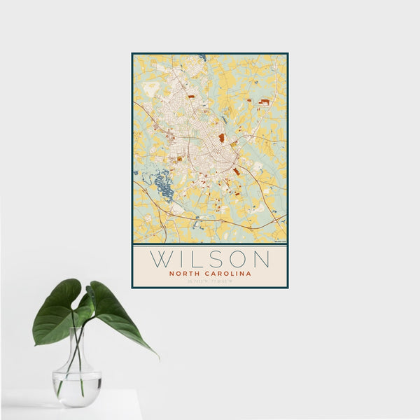 16x24 Wilson North Carolina Map Print Portrait Orientation in Woodblock Style With Tropical Plant Leaves in Water