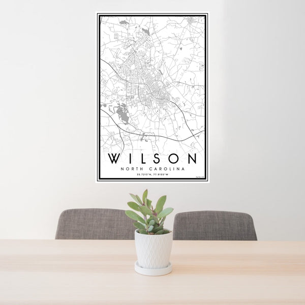 24x36 Wilson North Carolina Map Print Portrait Orientation in Classic Style Behind 2 Chairs Table and Potted Plant