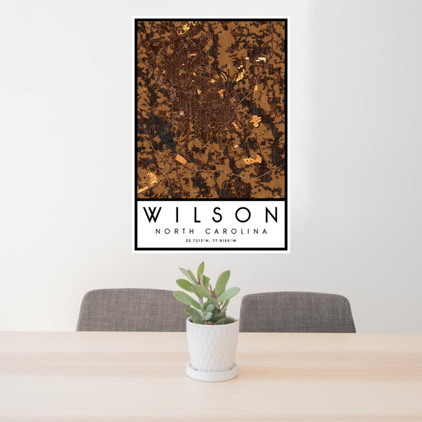 24x36 Wilson North Carolina Map Print Portrait Orientation in Ember Style Behind 2 Chairs Table and Potted Plant