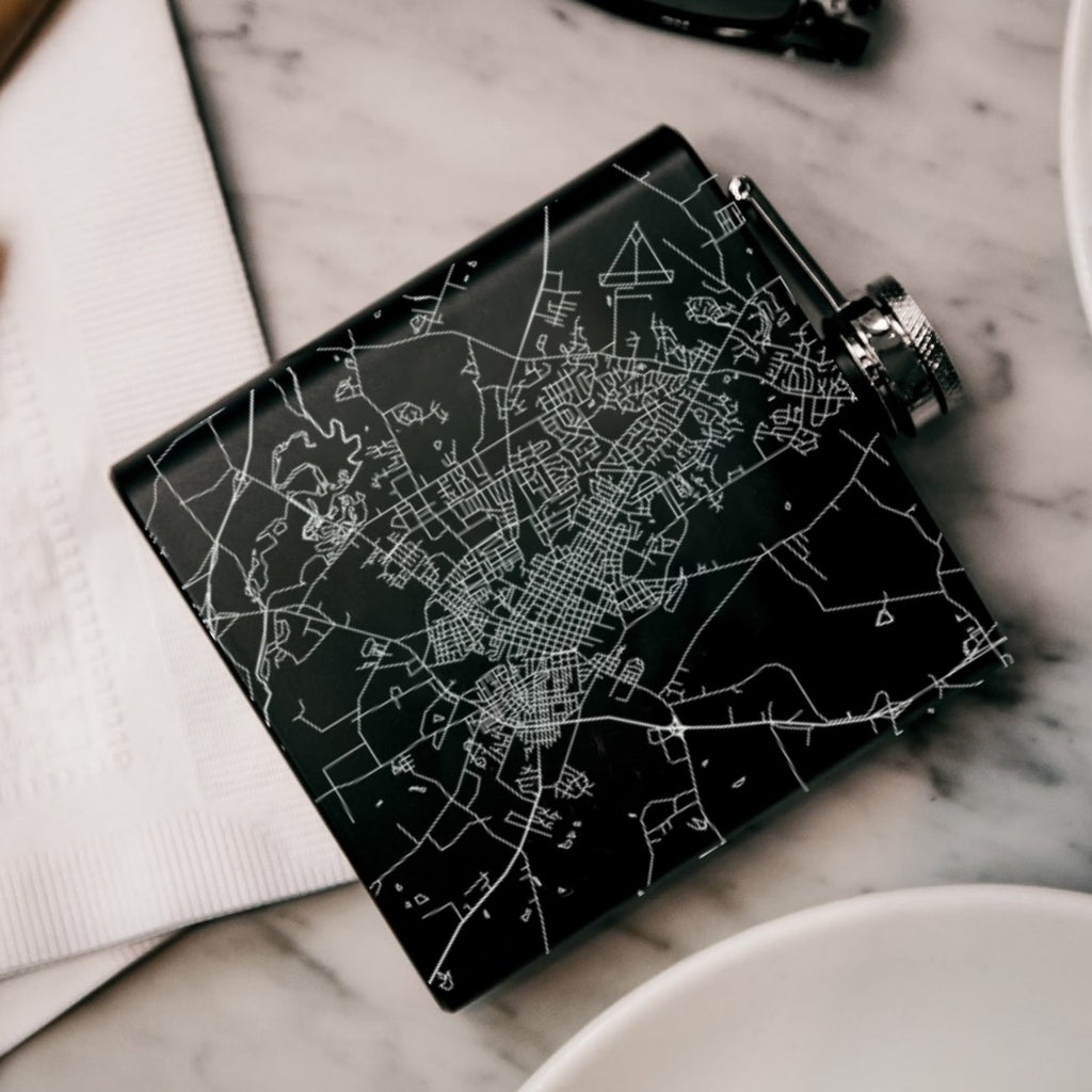 Wilson North Carolina Custom Engraved City Map Inscription Coordinates on 6oz Stainless Steel Flask in Black