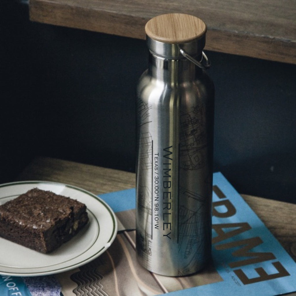 Wimberley Texas Custom Engraved City Map Inscription Coordinates on 20oz Stainless Steel Insulated Bottle with Bamboo Top