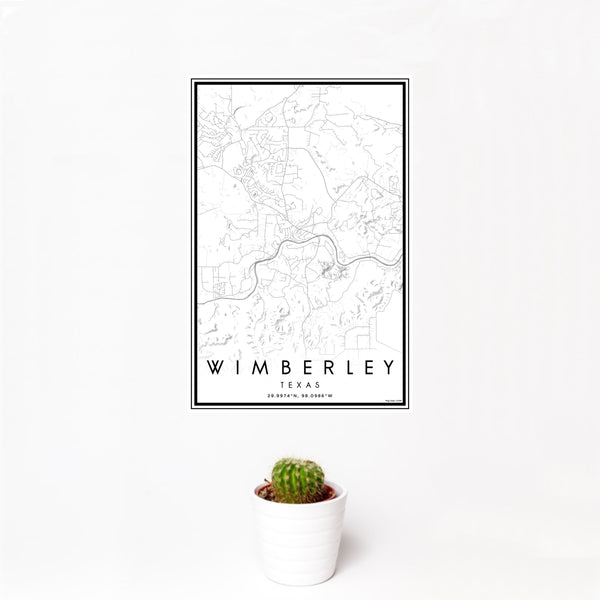 12x18 Wimberley Texas Map Print Portrait Orientation in Classic Style With Small Cactus Plant in White Planter