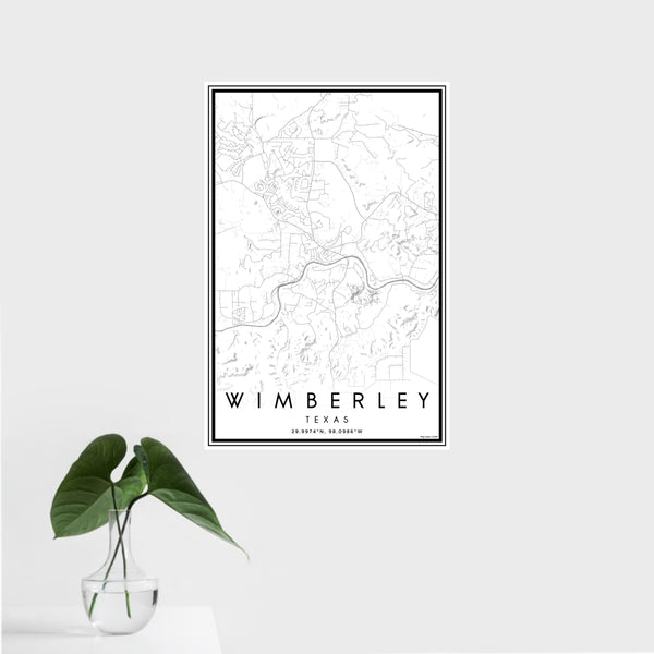 16x24 Wimberley Texas Map Print Portrait Orientation in Classic Style With Tropical Plant Leaves in Water