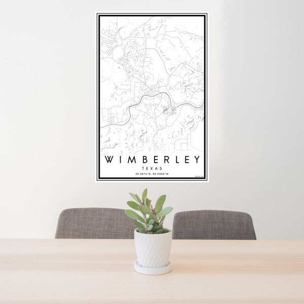 24x36 Wimberley Texas Map Print Portrait Orientation in Classic Style Behind 2 Chairs Table and Potted Plant