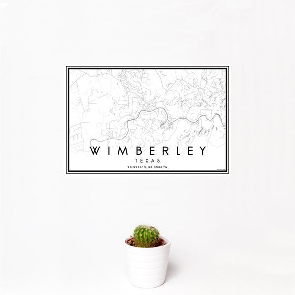 12x18 Wimberley Texas Map Print Landscape Orientation in Classic Style With Small Cactus Plant in White Planter