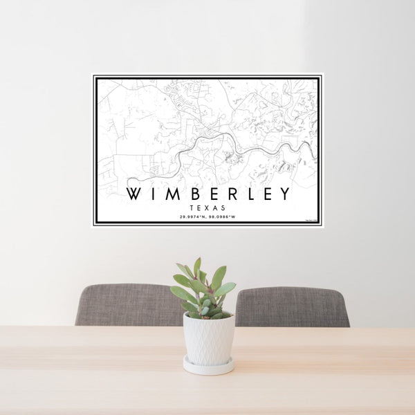 24x36 Wimberley Texas Map Print Landscape Orientation in Classic Style Behind 2 Chairs Table and Potted Plant