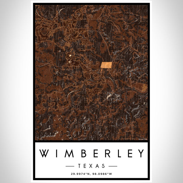 Wimberley Texas Map Print Portrait Orientation in Ember Style With Shaded Background