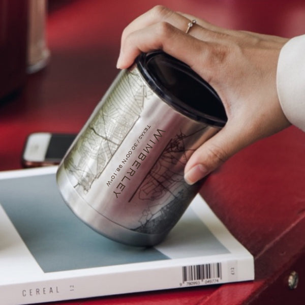 Wimberley Texas Custom Engraved City Map Inscription Coordinates on 10oz Stainless Steel Insulated Cup with Sipping Lid