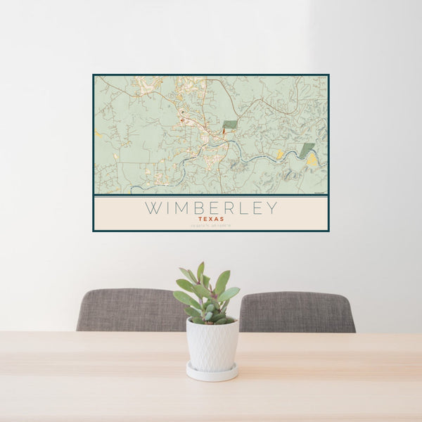 24x36 Wimberley Texas Map Print Landscape Orientation in Woodblock Style Behind 2 Chairs Table and Potted Plant