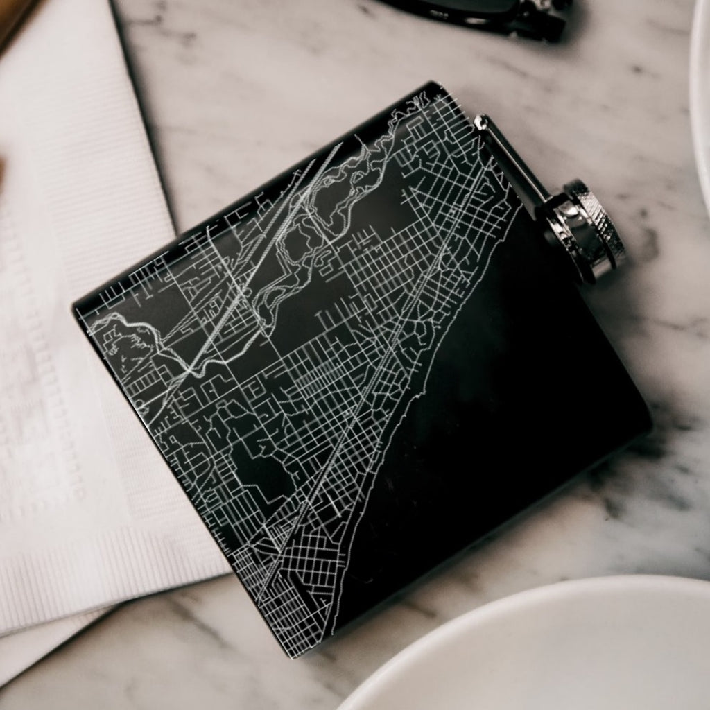 Winnetka Illinois Custom Engraved City Map Inscription Coordinates on 6oz Stainless Steel Flask in Black