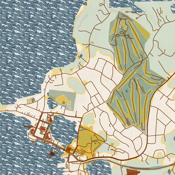 Woods Hole Massachusetts Map Print in Woodblock Style Zoomed In Close Up Showing Details