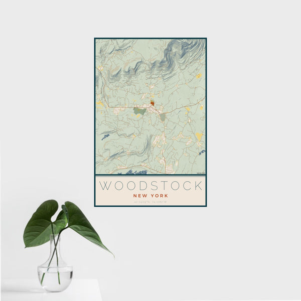 16x24 Woodstock New York Map Print Portrait Orientation in Woodblock Style With Tropical Plant Leaves in Water