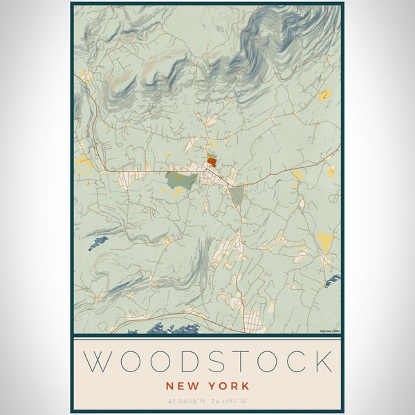 Woodstock New York Map Print Portrait Orientation in Woodblock Style With Shaded Background