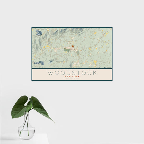 16x24 Woodstock New York Map Print Landscape Orientation in Woodblock Style With Tropical Plant Leaves in Water