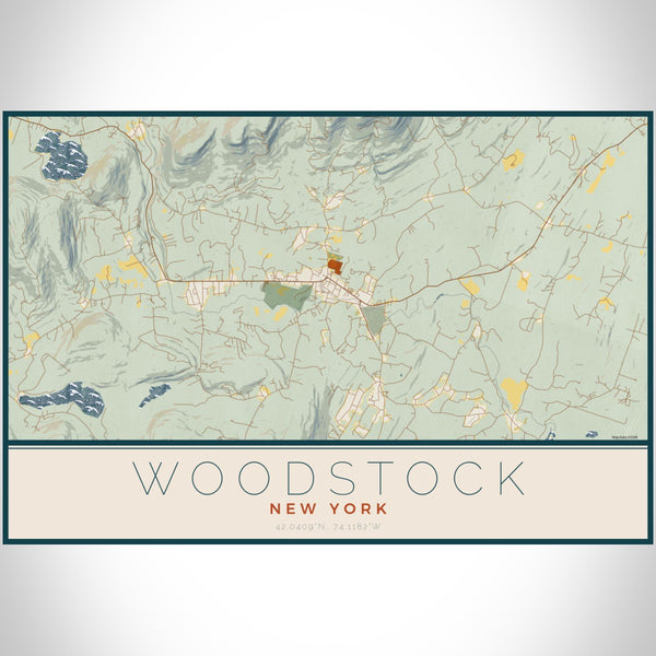 Woodstock New York Map Print Landscape Orientation in Woodblock Style With Shaded Background