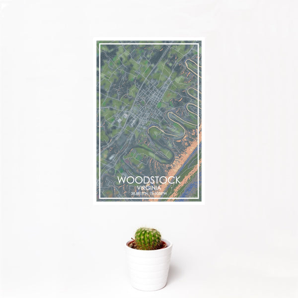 12x18 Woodstock Virginia Map Print Portrait Orientation in Afternoon Style With Small Cactus Plant in White Planter