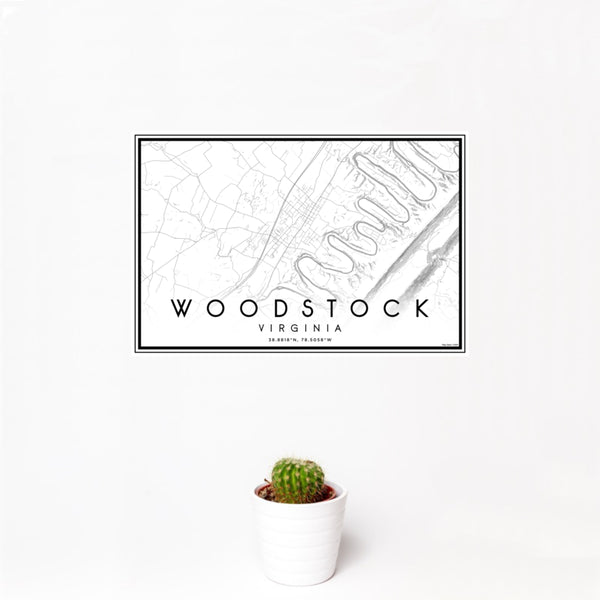12x18 Woodstock Virginia Map Print Landscape Orientation in Classic Style With Small Cactus Plant in White Planter