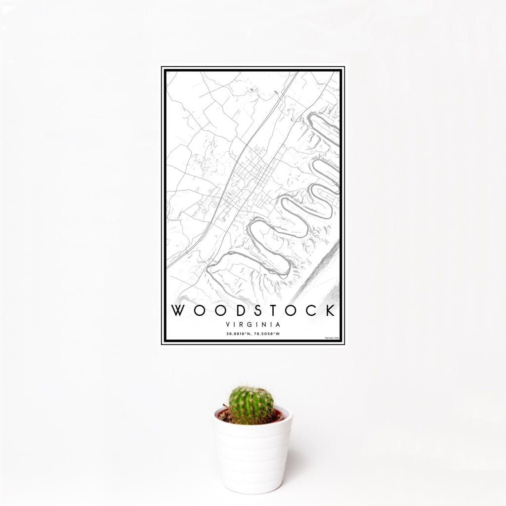 12x18 Woodstock Virginia Map Print Portrait Orientation in Classic Style With Small Cactus Plant in White Planter