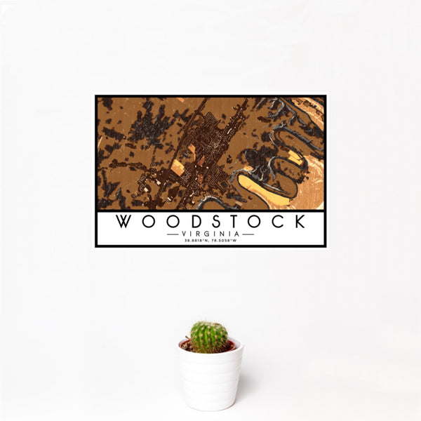 12x18 Woodstock Virginia Map Print Landscape Orientation in Ember Style With Small Cactus Plant in White Planter